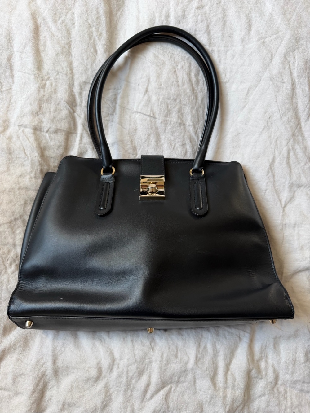 Furla Black Leather Top-Handle Satchel with Gold Hardware